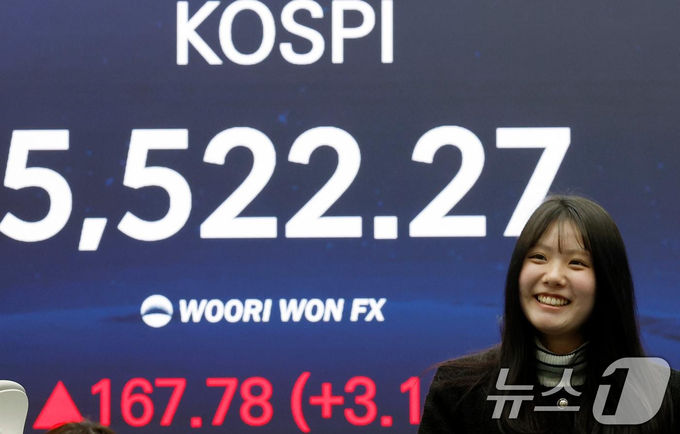 본문 이미지 - 12일 오후 서울 중구 우리은행 본점 딜링룸 전광판에 종가가 표시되고 있다. 2026.2.12 ⓒ 뉴스1 박정호 기자