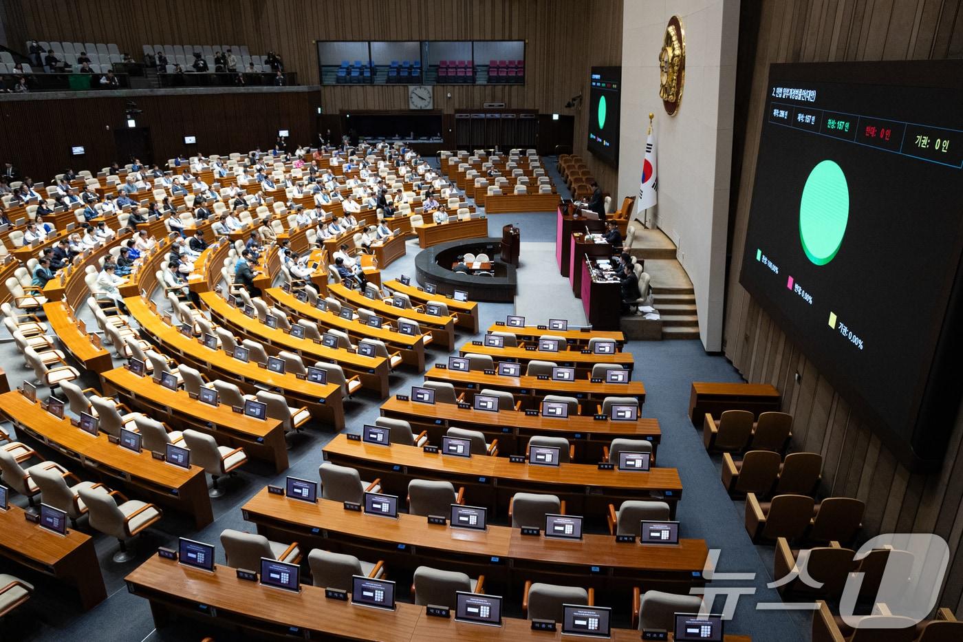 본문 이미지 - 12일 서울 여의도 국회에서 열린 제432회 국회(임시회) 제7차 본회의에서 민법 일부개정법률안(대안)이 재석 157인 중 찬성 157인으로 가결되고 있다. 2026.2.12 ⓒ 뉴스1 유승관 기자