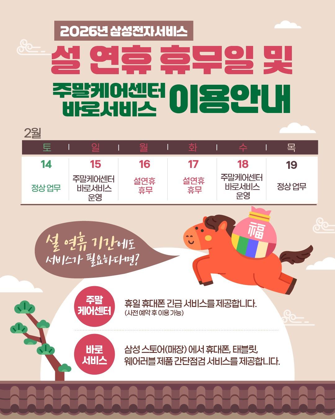 본문 이미지 - 삼성전자서비스가 설 연휴 기간에도 고객의 불편을 최소화하기 위해 스마트폰 및 가전제품 긴급 수리 서비스를 제공한다.