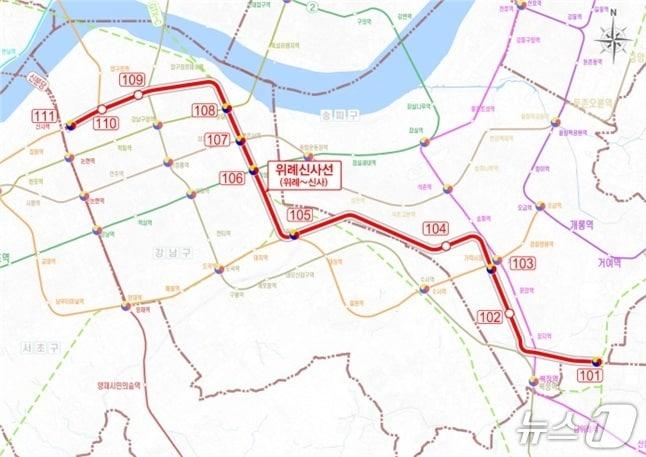 본문 이미지 - 위례신사선 도시철도 노선도.(서울시 제공)