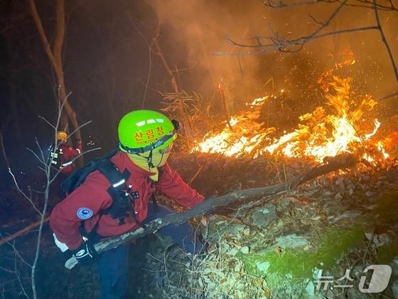 본문 이미지 -  산림청 공중진화대 및 산불재난특수진화대가 지난해 1월 산청군 시천면 동당리에서 민가 및 지리산을 지키기 위해 사투를 벌이고 있다. (산림청 제공.재판매 및 DB금지)/뉴스1
