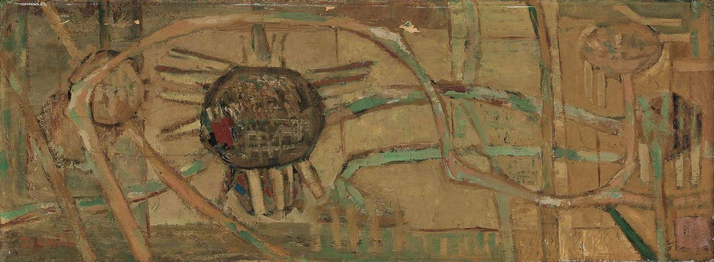본문 이미지 - 김창열(1929-2021), 해바라기, oil on canvas, 43.2&times;116.3cm, 1955, 2억 5000만-5억 원 (서울옥션 제공)
