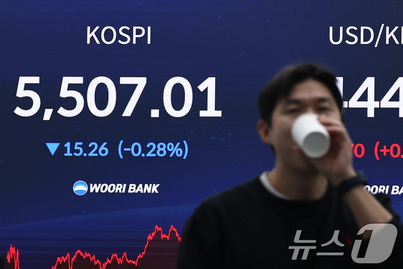 본문 이미지 - 지난 13일 오후 서울 중구 우리은행 본점 딜링룸 전광판에 코스피 지수가 전 거래일 대비 15.26포인트(0.28%) 내린 5,507.01을 기록하고 있다. 2026.2.13 ⓒ 뉴스1 구윤성 기자