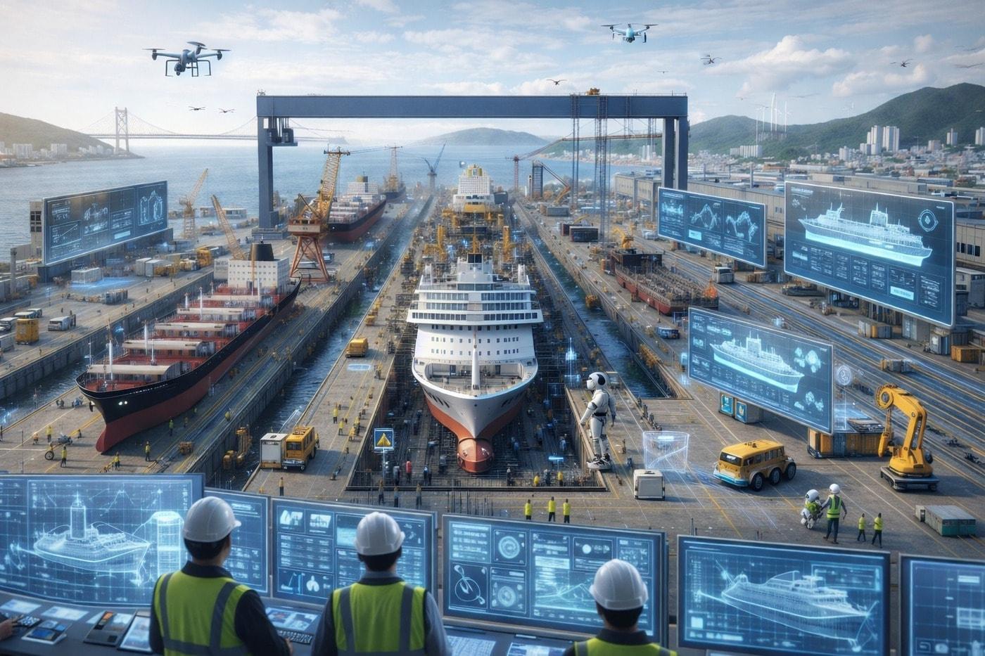 본문 이미지 -   디지털화된 조선소 조감도. 인공지능(AI) 생성 이미지.