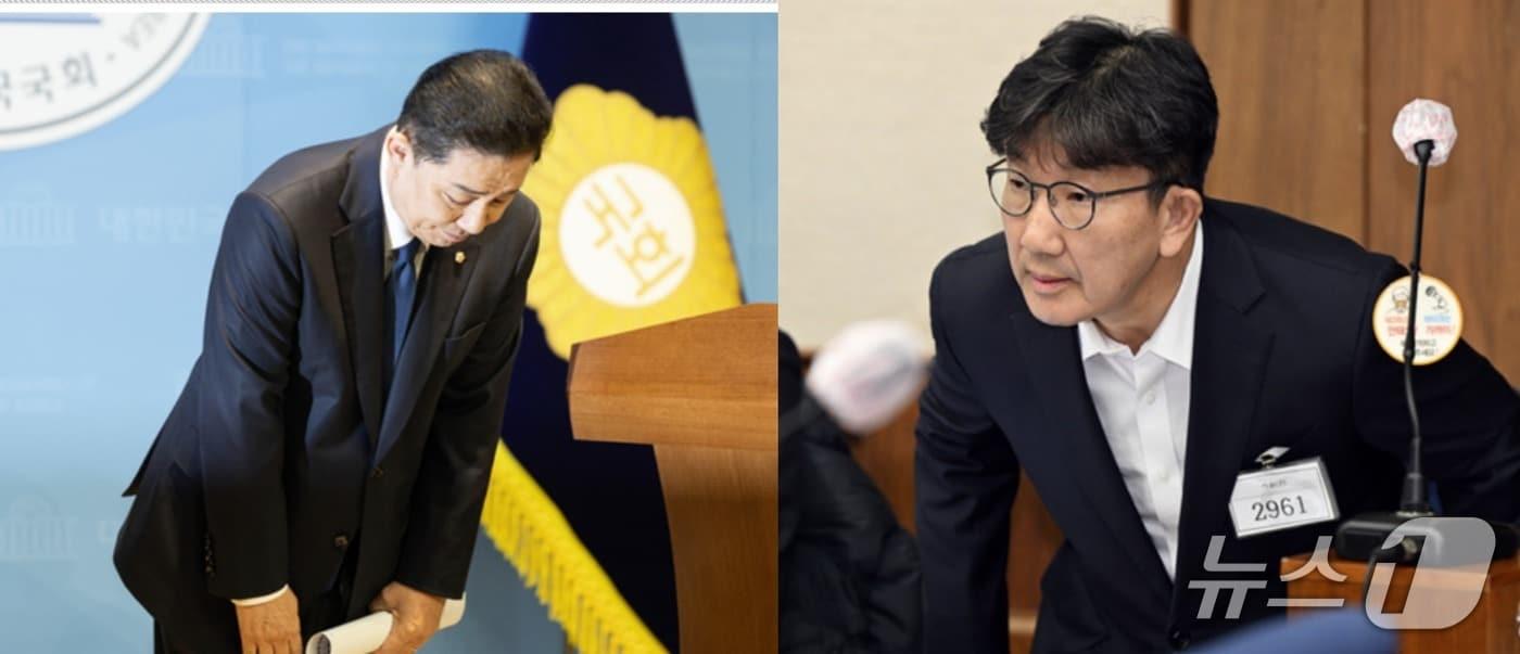 본문 이미지 - 지난 1월 서울 여의도 국회 소통관에서 '더불어민주당 탈당'의 뜻을 밝힌 뒤 인사하고 있는 김병기 의원과 2025년 11월 3일 불법 정치자금 수수 혐의 1차 공판에 출석한 권성동 국민의힘 의원. ⓒ 뉴스1 DB 