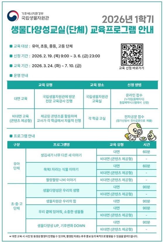 본문 이미지 - 국립생물자원관 2026년 1학기 교육 안내 (국립생물자원관 제공. 재판매 및 DB금지) 2026.2.18 /뉴스1