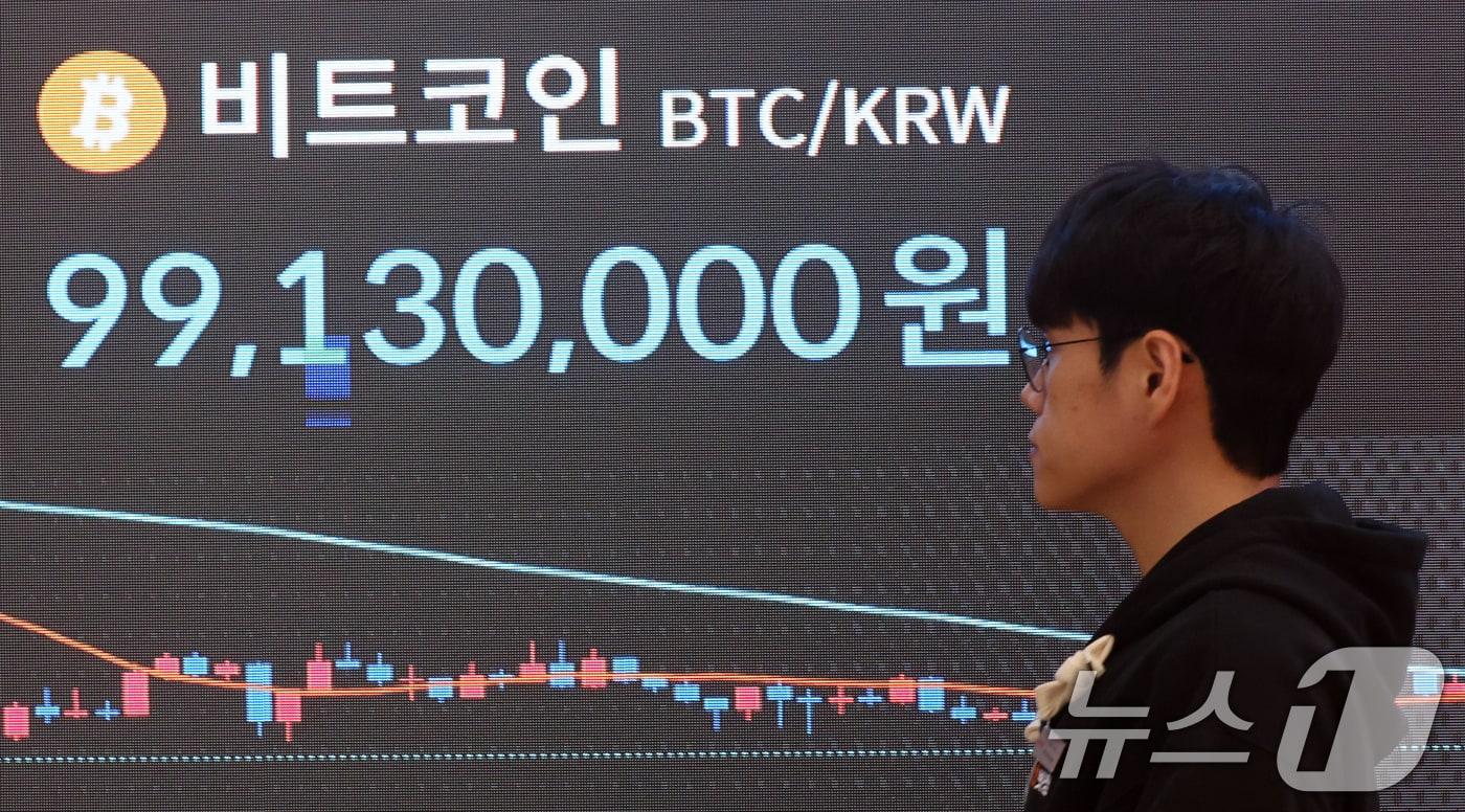 본문 이미지 - 지난 19일 서울 강남구 빗썸 라운지 전광판에 비트코인 가격이 9천9백만원대로 나타나고 있다. 2026.2.19 ⓒ 뉴스1 김명섭 기자