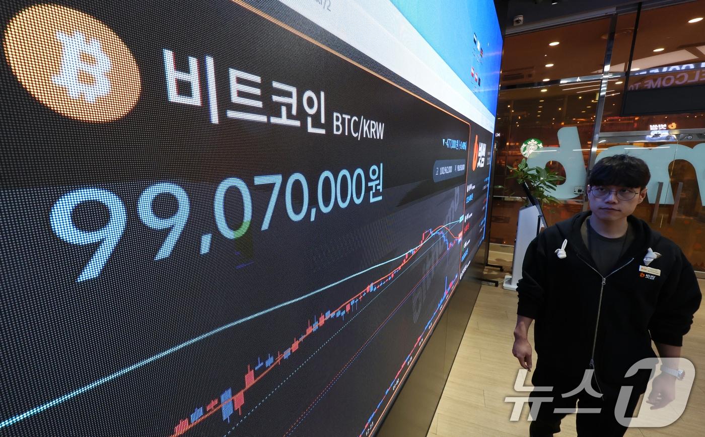 본문 이미지 - 19일 서울 강남구 빗썸 라운지 전광판에 비트코인 가격이 9천9백만원대로 나타나고 있다.  2026.2.19 ⓒ 뉴스1 김명섭 기자
