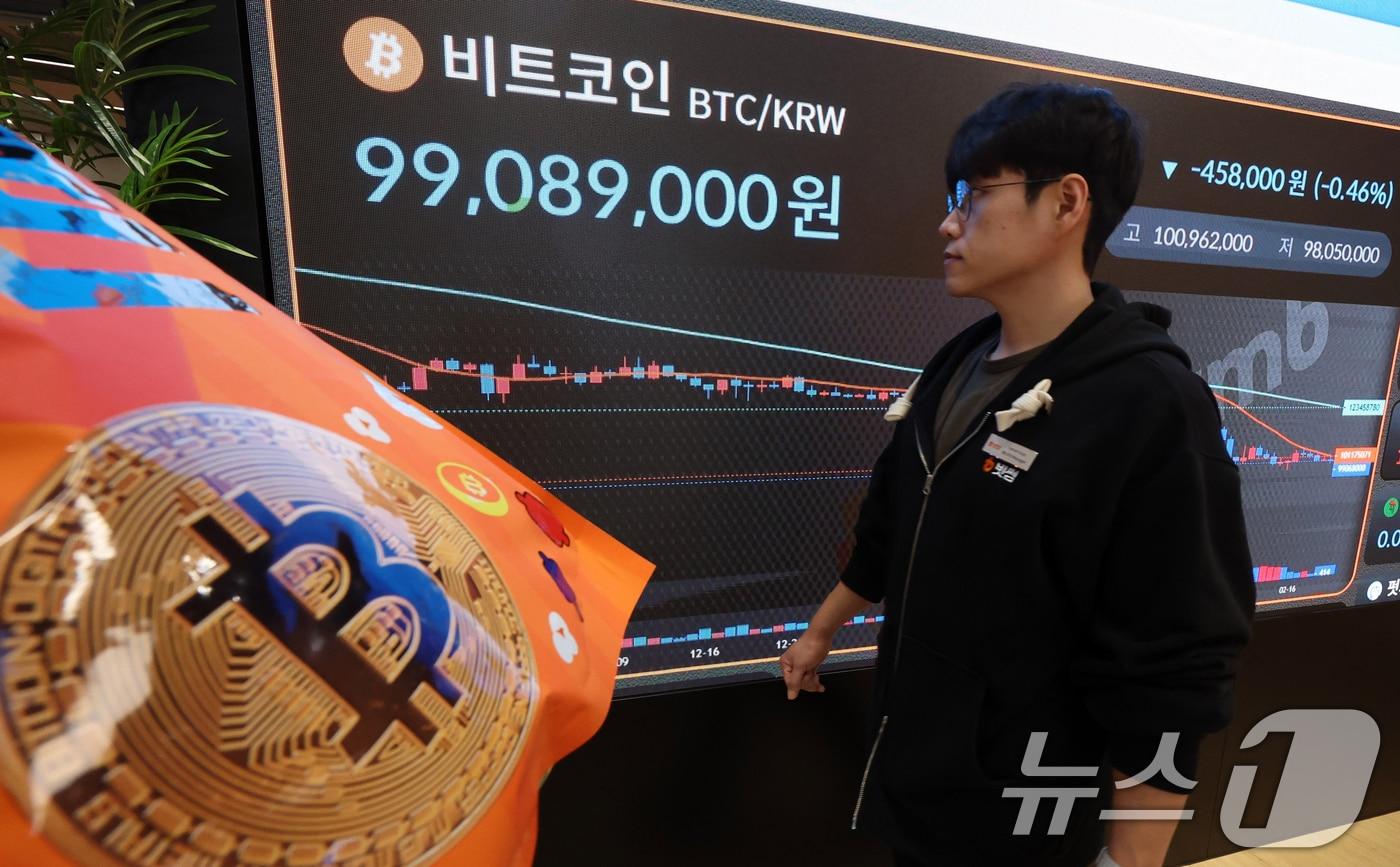 본문 이미지 - 19일 서울 강남구 빗썸 라운지 전광판에 비트코인 가격이 9천9백만원대로 나타나고 있다.  2026.2.19 ⓒ 뉴스1 김명섭 기자