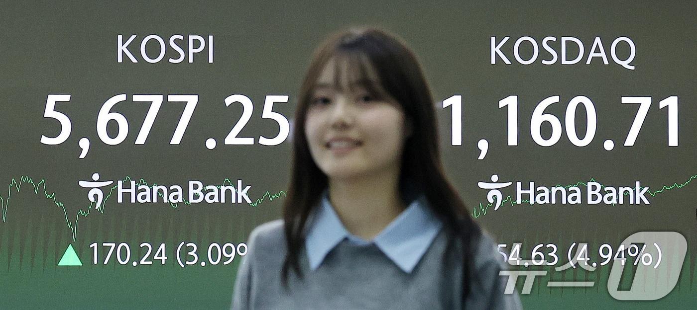 본문 이미지 - 코스피가 사상 최고치로 거래를 마친 19일 오후 서울 중구 하나은행 딜링룸 전광판에 코스피 지수가 전 거래일 종가와 비교해 170.24포인트(p)(3.09%) 상승한 5677.25를 나타내고 있다. 코스닥은 전 거래일 대비 54.63포인트(p)(4.94%) 상승한 1160.71로 마감했다. 2026.2.19 ⓒ 뉴스1 박지혜 기자