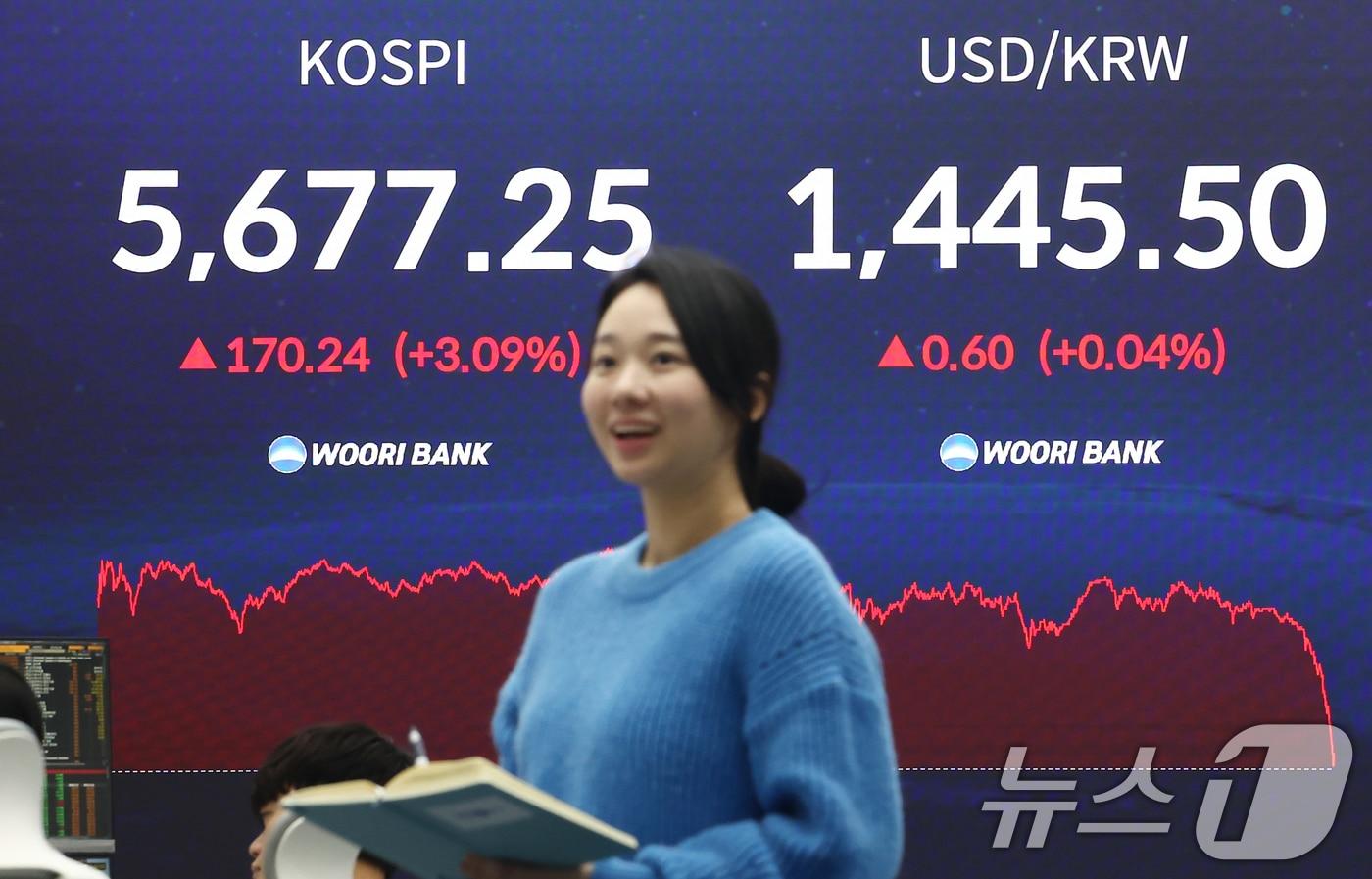 본문 이미지 - 코스피가 사상 첫 5600선 마감한 19일 오후 서울 중구 우리은행 본점 딜링룸 전광판에 종가가 표시돼 있다. 2026.2.19 ⓒ 뉴스1 김민지 기자