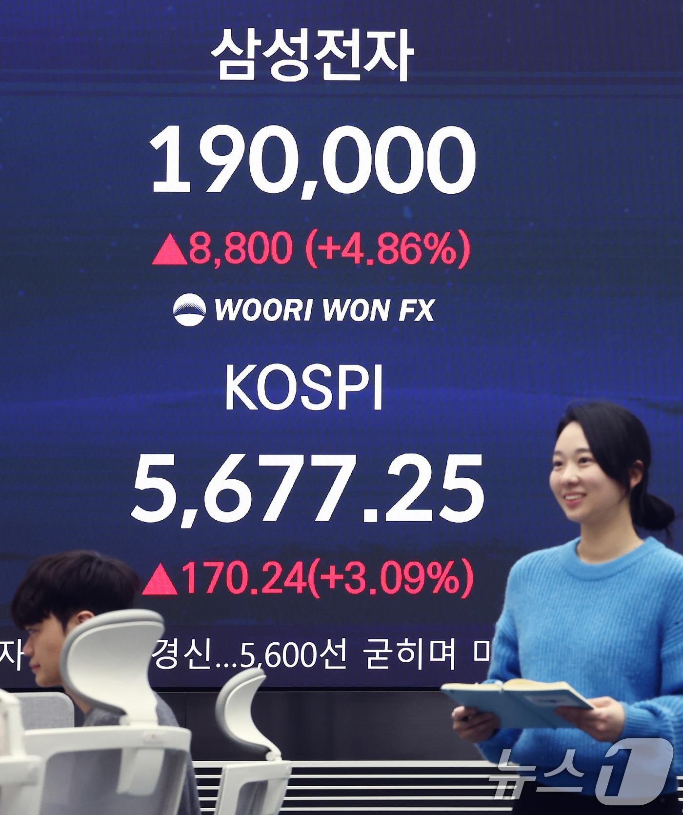 본문 이미지 - 코스피가 사상 첫 5600선을 돌파한 19일 오후 서울 중구 우리은행 본점 딜링룸 전광판에 종가가 표시돼 있다.  2026.2.19 ⓒ 뉴스1 김민지 기자