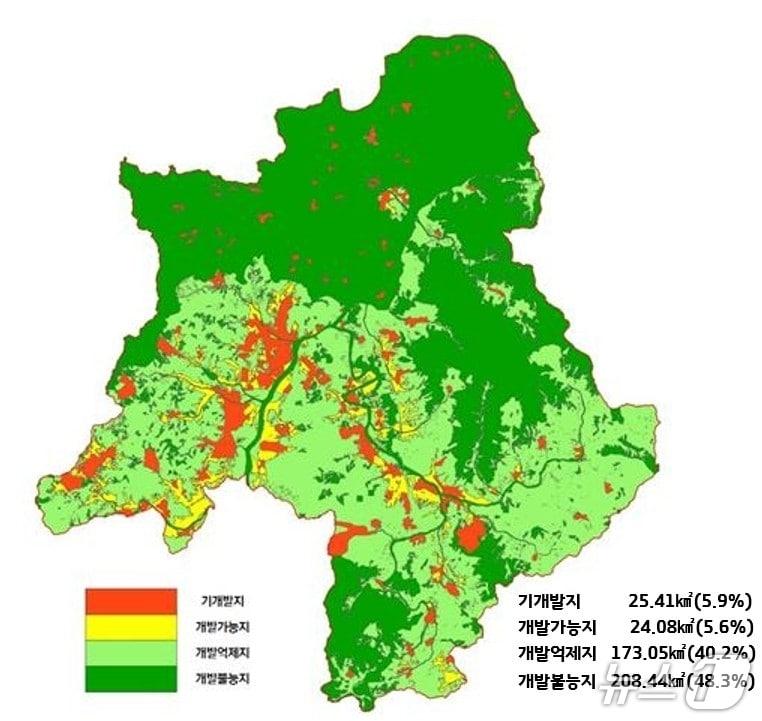본문 이미지 - 광주시가 경기도에 승인을 신청한 ‘2030년 도시관리계획 재정비 결정(변경)안’에 수립된 개발 가능지를 분석한 지도.(광주시 제공)