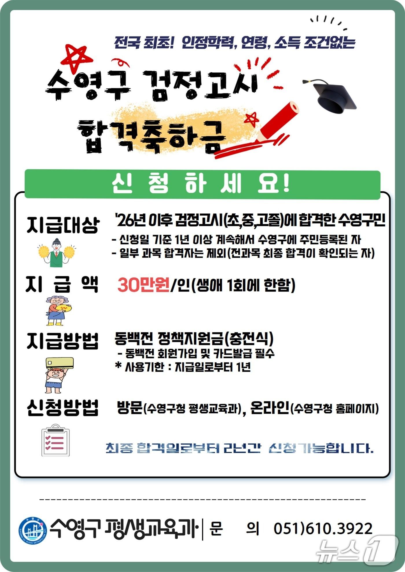 본문 이미지 -  수영구 검정고시 합격축하금 지원 사업 안내 포스터. (수영구 제공. 재판매 및 DB금지)