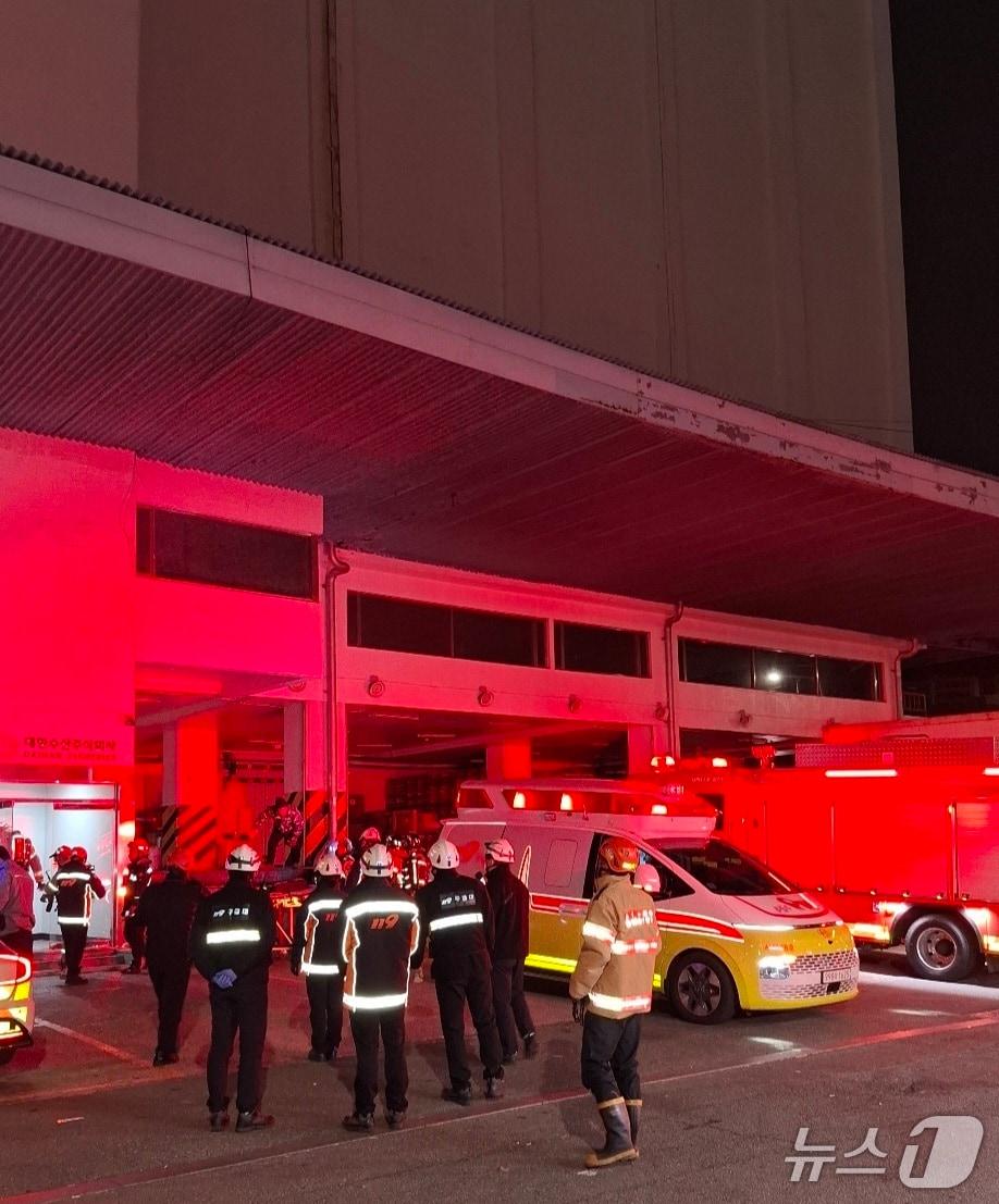 본문 이미지 - 2일 오전 부산 사하구 냉동창고 가스 누출 사고 현장.(부산소방재난본부 제공. 재판매 및 DB 금지)