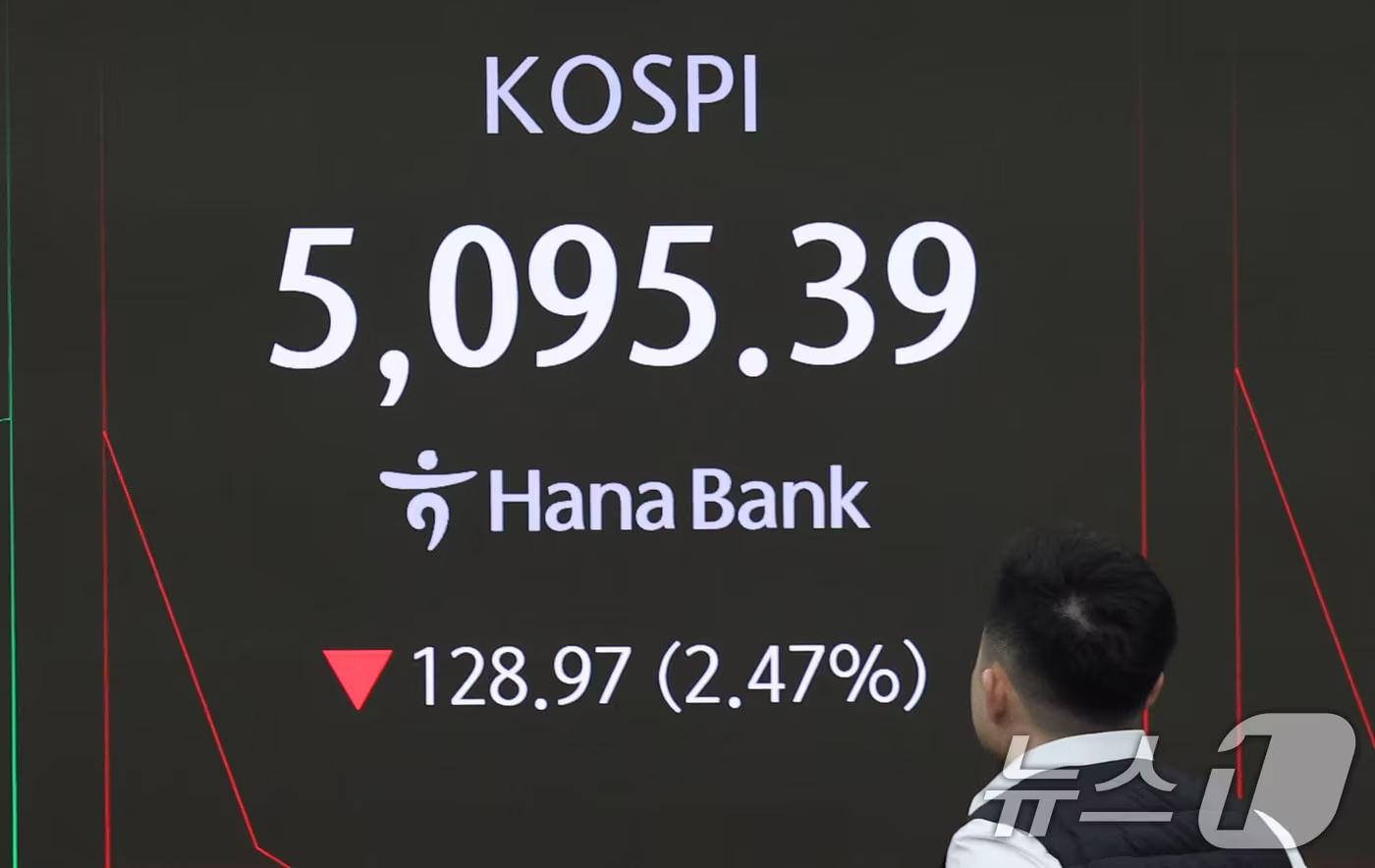 본문 이미지 - 2일 서울 중구 하나은행 본점 딜링룸 전광판에 장초반 시황이 나타나고 있다. 2026.2.2/뉴스1 ⓒ News1 박지혜 기자