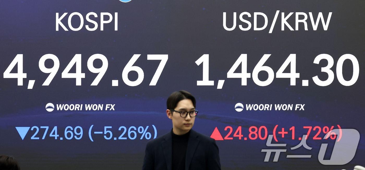 본문 이미지 - 2일 오후 서울 중구 우리은행 본점 딜링룸 전광판에 증시 현황이 표시되어 있다. 이날 코스피는 전 거래일 대비 274.69p(5.26%) 하락한 4949.67, 코스닥은 51.08p(4.44%) 내린 1098.36에 마감했다. 2026.2.2/뉴스1 ⓒ News1 최지환 기자