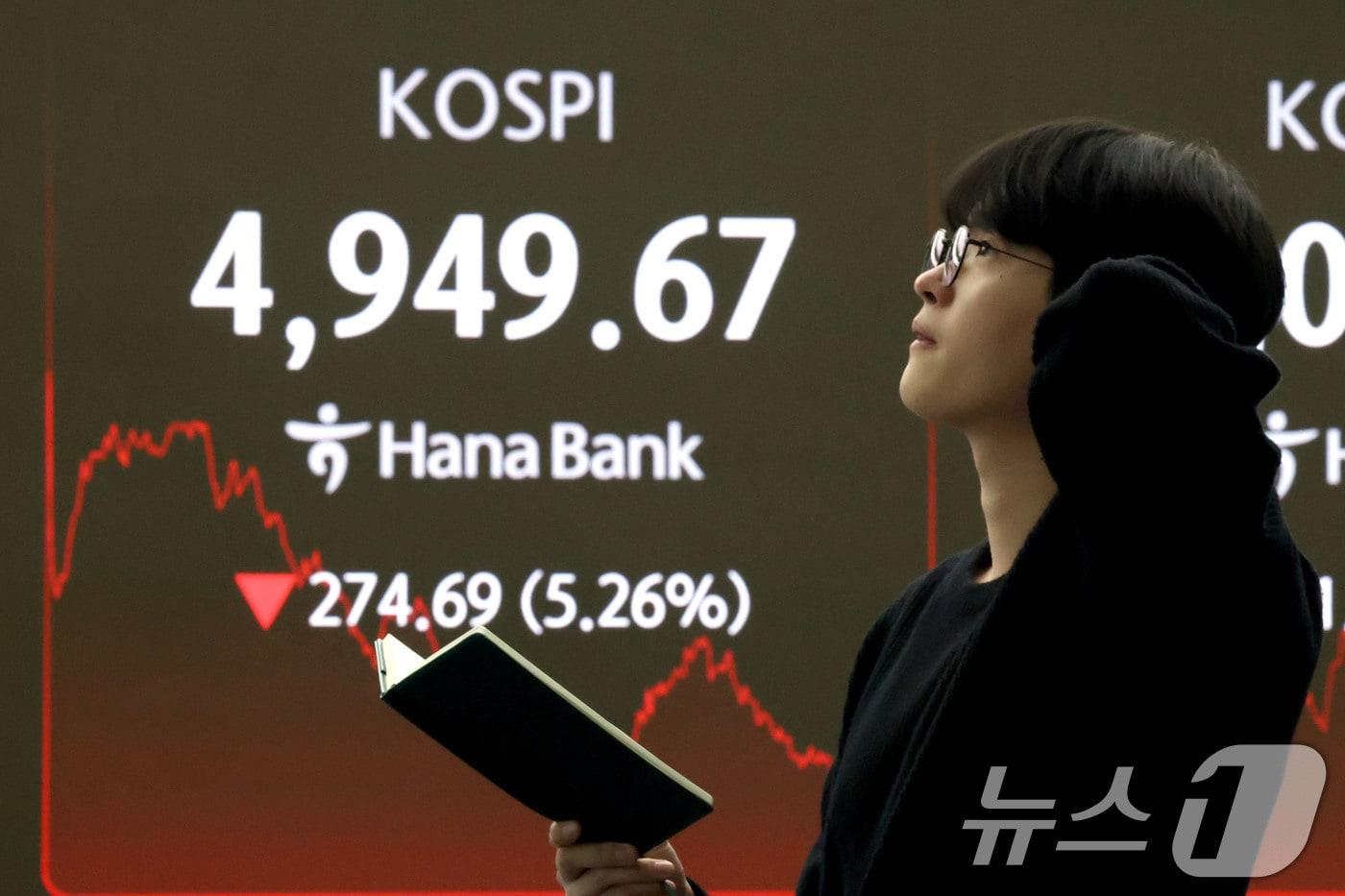 본문 이미지 - 코스피가 5%넘게 급락하며 5000선이 붕괴된 2일 오후 서울 중구 하나은행 본점 딜링룸 현황판에 종가가 전장대비 274.69포인트(5.26%)하락한 4,949.67을 나타내고 있다. 2026.2.2/뉴스1 ⓒ News1 이광호 기자