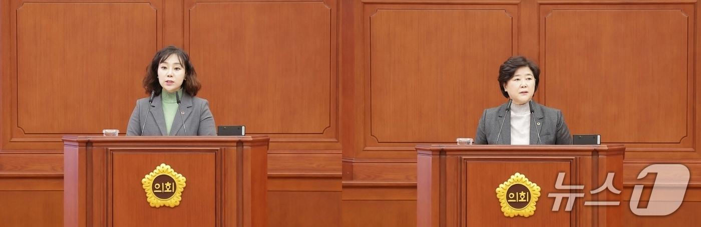 본문 이미지 - 5분 자유발언하는 김민숙(왼쪽) 대전시의원과 안경자 대전시의원 (시의회 제공) / 뉴스1
