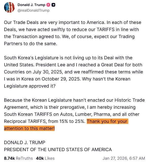 본문 이미지 - 도널드 트럼프 미국 대통령이 26일(현지시간)  한국 상품에 대한 상호관세와 자동차 등 주요 품목 관세를 15%에서 25%로 인상하겠다는 소셜미디어 트루스소셜 게시글을 올렸다. (출처=소셜미디어 트루스소셜)