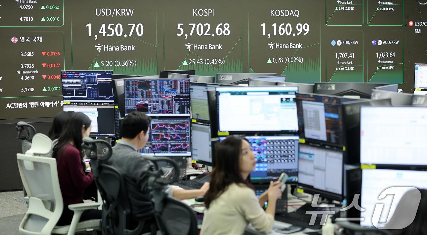 본문 이미지 - 코스피가 장중 사상 첫 5700선을 돌파한 20일 오전 서울 중구 하나은행 딜링룸 현황판에 코스피 시황이 나타나고 있다. 2026.2.20 ⓒ 뉴스1 박지혜 기자