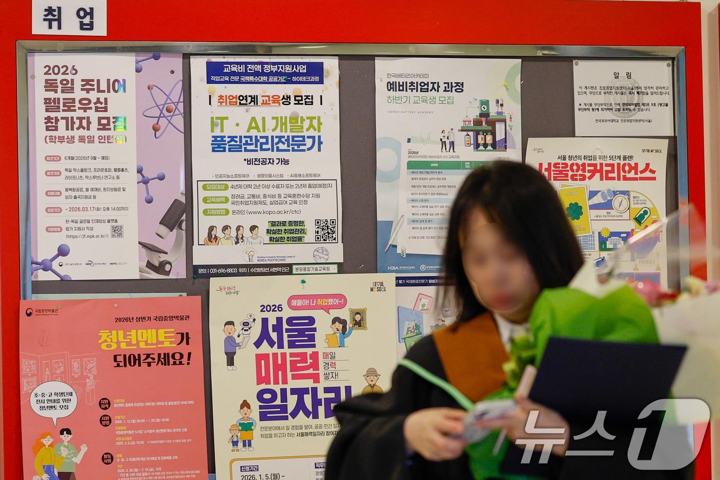 본문 이미지 - 대학교에서 한 졸업생이 취업 게시판 앞을 지나고 있다. 2026.2.20 ⓒ 뉴스1 안은나 기자