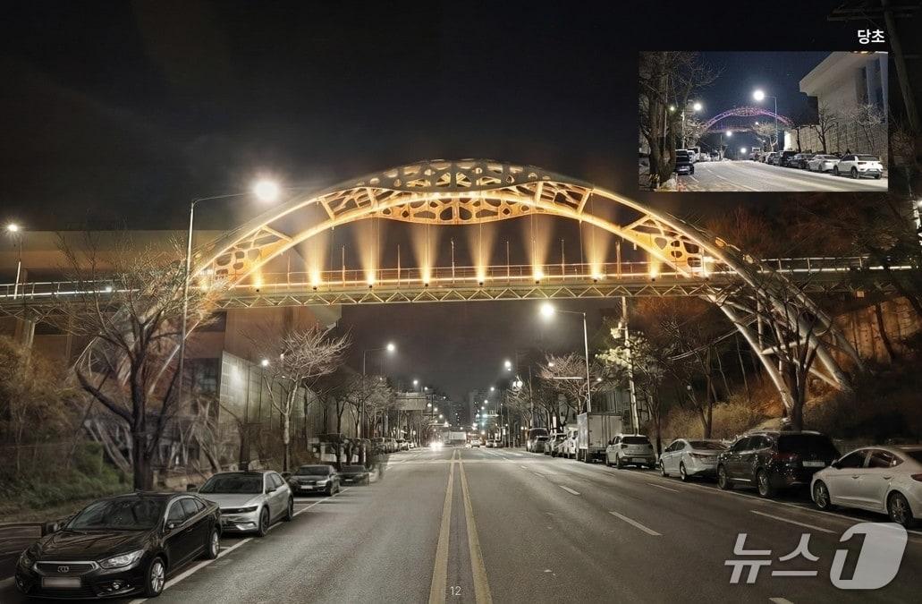 본문 이미지 - 온천공원 보도육교의 현재 모습(작은 사진)과 야간경관 개선사업 완료 후의 이미지.(이천시 제공)