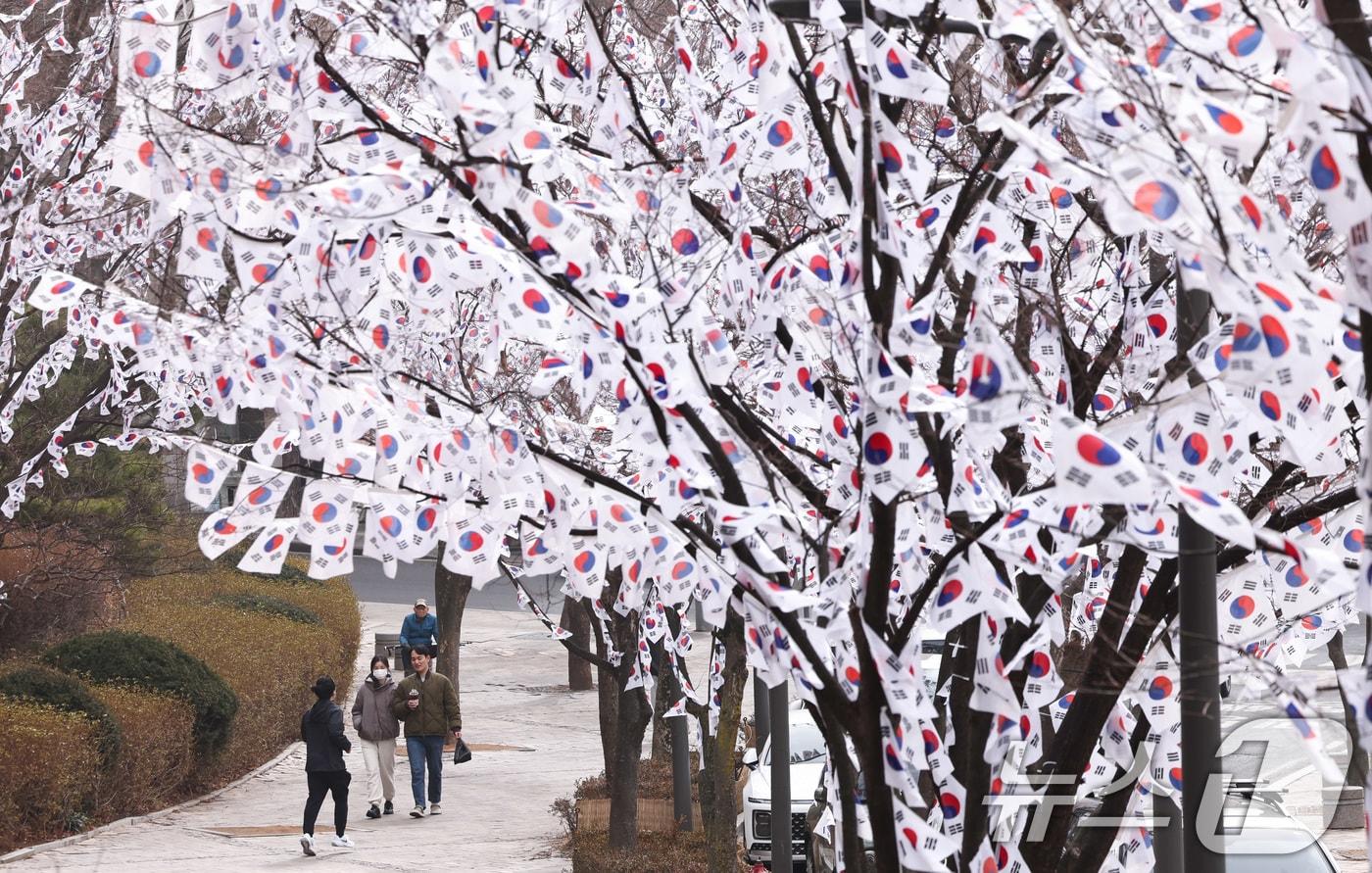 본문 이미지 - 3·1절을 앞둔 22일 서울 용산구 효창공원에 조성된 '태극기 트리'에 게양된 태극기가 휘날리고 있다. 2026.2.22 ⓒ 뉴스1 최지환 기자