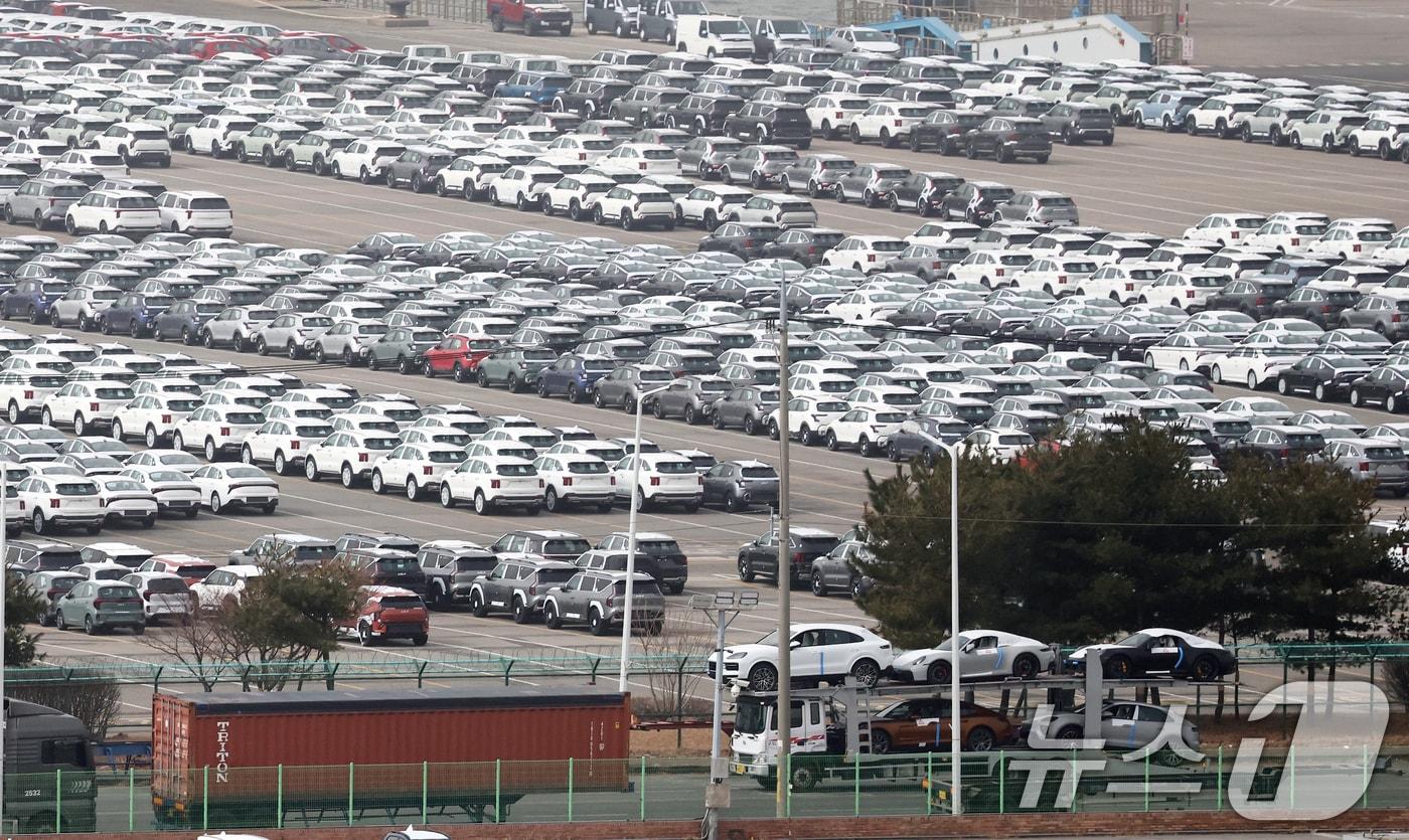 본문 이미지 - 22일 경기 평택시 포승읍 평택항에 수출용 차량이 세워진 모습. 2026.2.22 ⓒ 뉴스1 오대일 기자