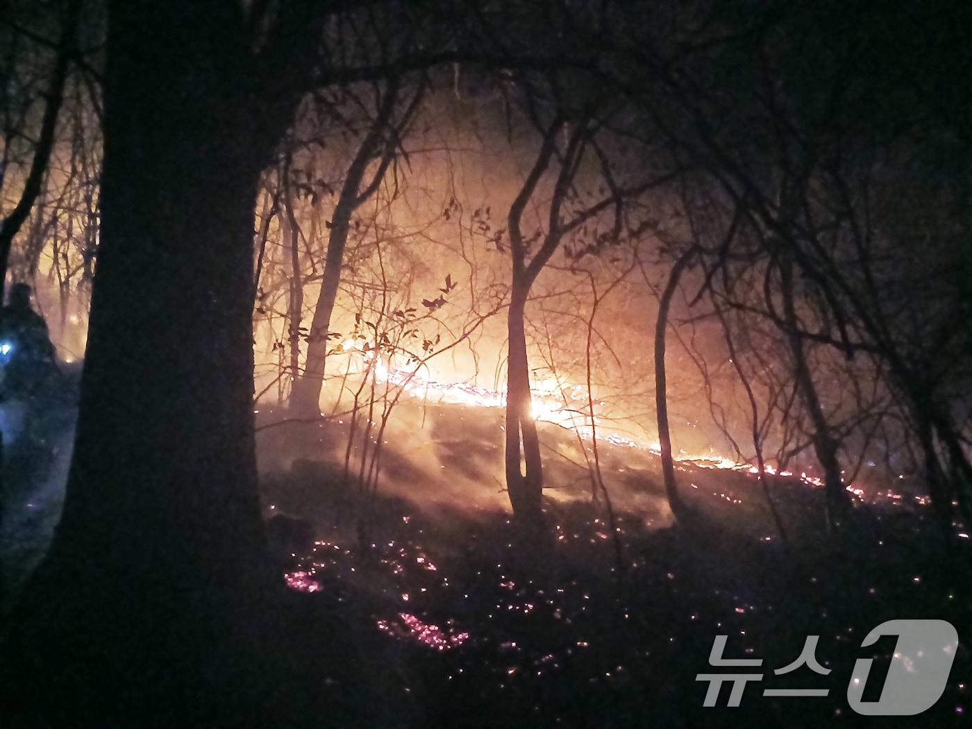 본문 이미지 - 지난 21일 경남 함양군 마천면 창원리 야산에 불이나 연기가 피어오르고 있다. (경남소방본부 제공. 재판매 및 DB 금지) 2026.2.22 ⓒ 뉴스1
