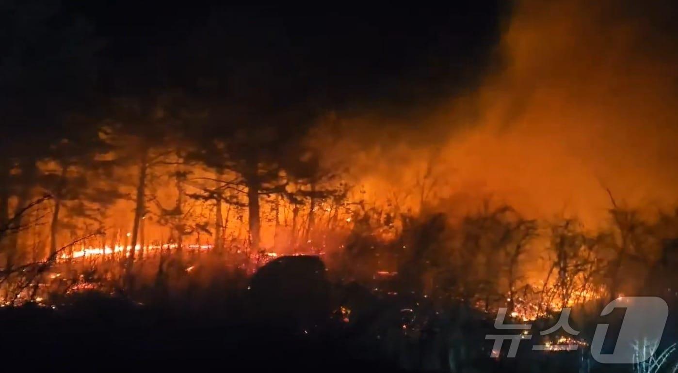 본문 이미지 - 지난달 22일 오후 7시 22분쯤 강원 고성군 토성면에서 산불이 발생해 주민 대피 조치가 이뤄진 가운데 소방 당국이 대응 2단계를 발령하고 인력과 장비를 동원해 진화 작업을 벌이고 있다. (강원도소방본부 제공. 재판매 및 DB금지) 2026.2.22 