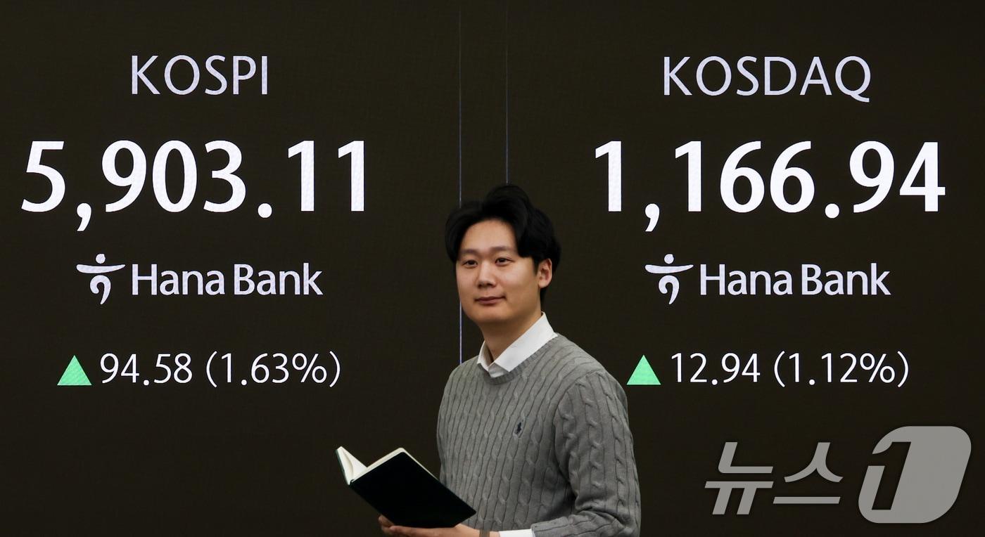 본문 이미지 - 코스피가 상승 출발한 23일 서울 중구 하나은행 본점 딜링룸 전광판에 증시 시황이 표시되어 있다. 2026.2.23 ⓒ 뉴스1 최지환 기자