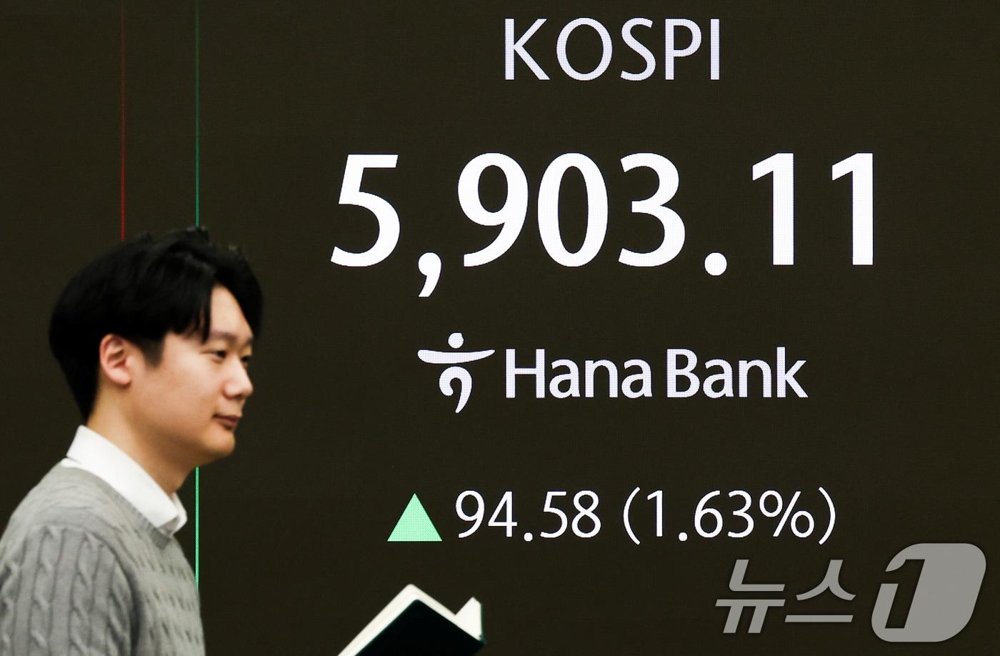 본문 이미지 - 코스피가 상승 출발한 23일 서울 중구 하나은행 본점 딜링룸 전광판에 증시 시황이 표시되어 있다. 2026.2.23 ⓒ 뉴스1 최지환 기자