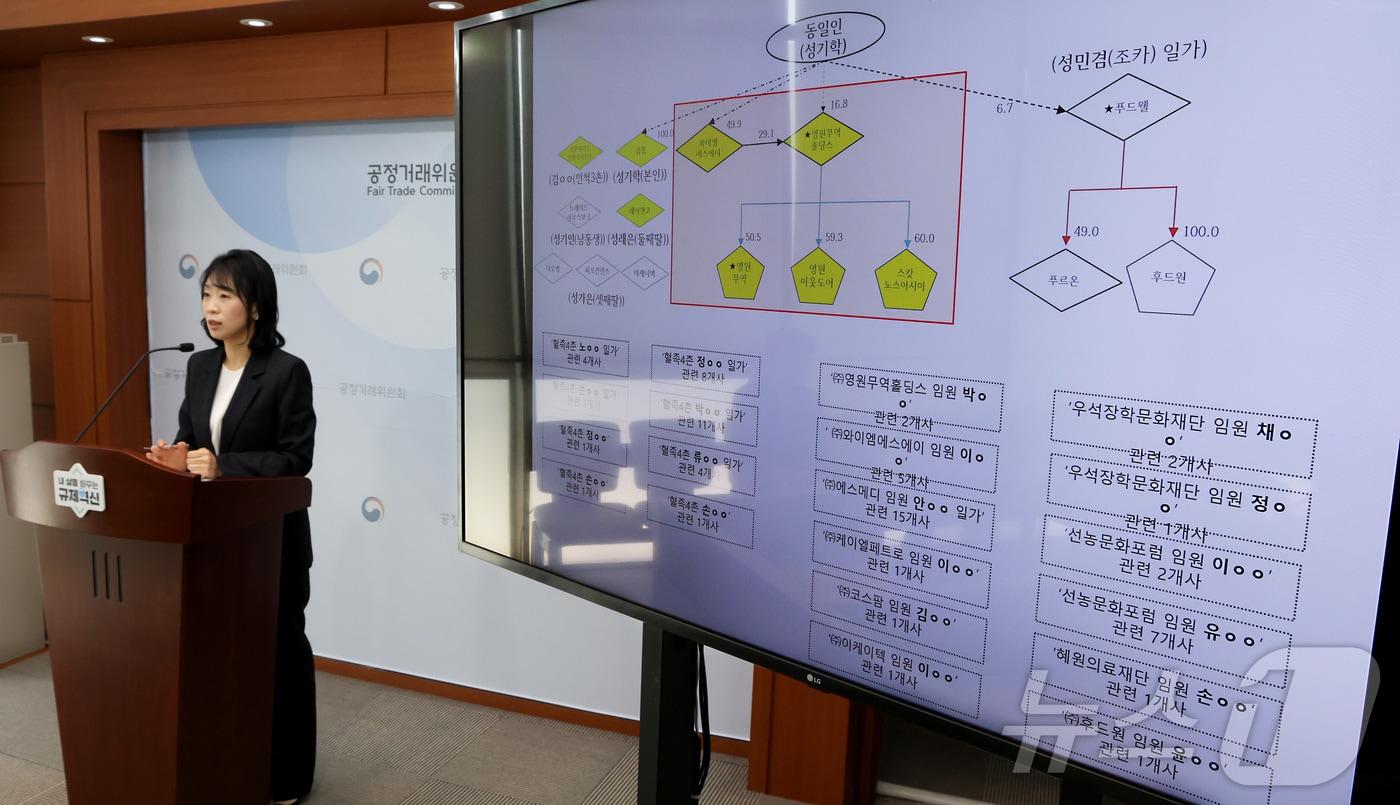 본문 이미지 - 음잔디 공정거래위원회 기업집단관리과장이 23일 세종시 정부세종청사에서 기업집단 '영원'의 동일인 성기학의 지정자료 허위제출행위 제재 내용을 발표하고 있다.  2026.2.23 ⓒ 뉴스1 김기남 기자