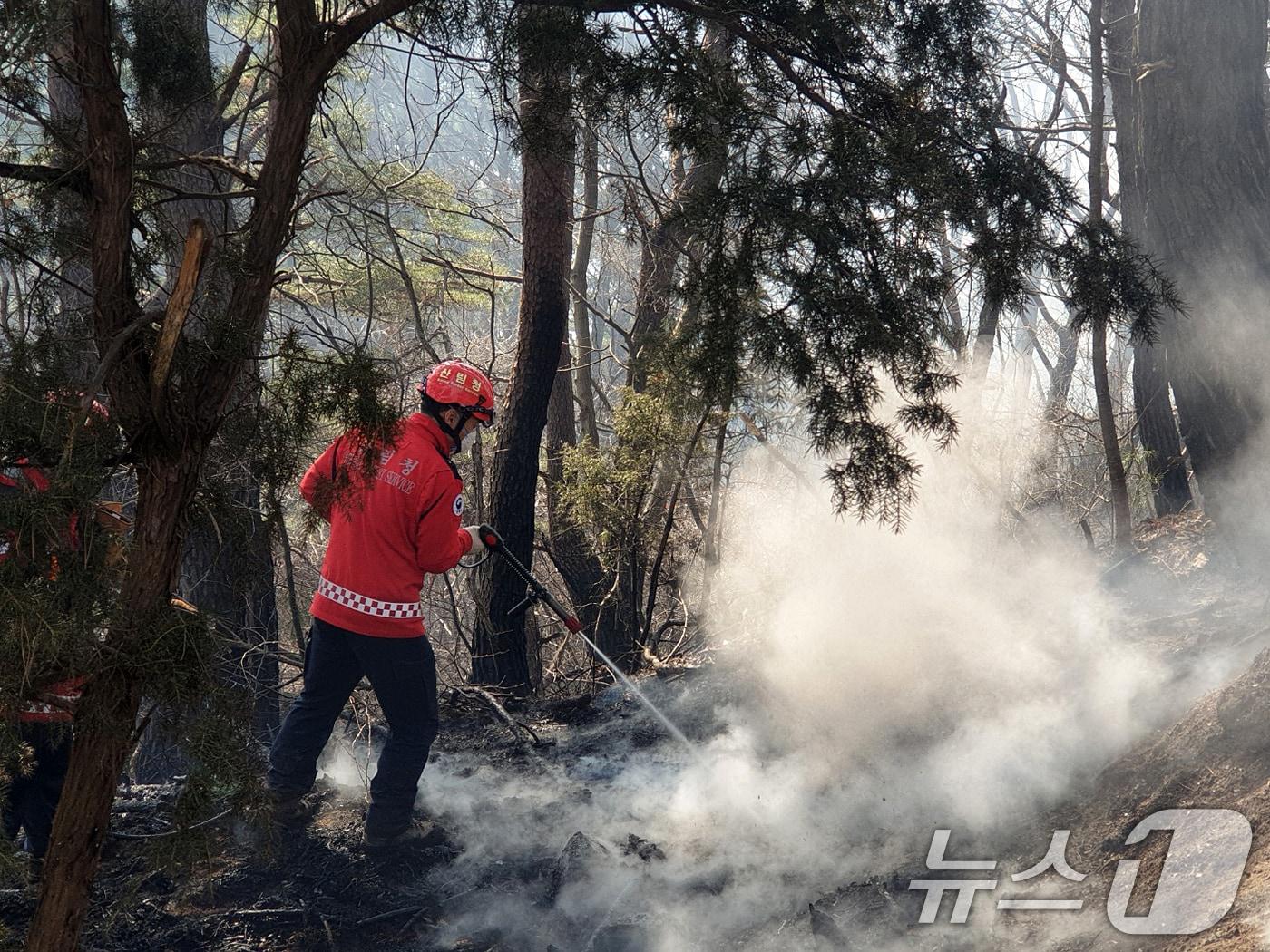 본문 이미지 - 경남 함양 산불 사흘째인 23일 오전 함양군 마천면 산불 현장에서 산림청 산불재난특수진화대원들이 방화선을 구축하며 진화 작업을 벌이고 있다. (산림청 제공. 재판매 및 DB 금지) 2026.2.23 ⓒ 뉴스1 윤일지 기자