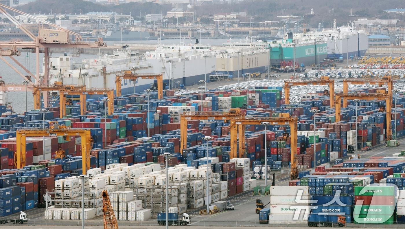 본문 이미지 - 23일 경기 평택시 포승읍 평택항에 수출용 컨테이너가 쌓여있다..2026.2.23 ⓒ 뉴스1 김영운 기자