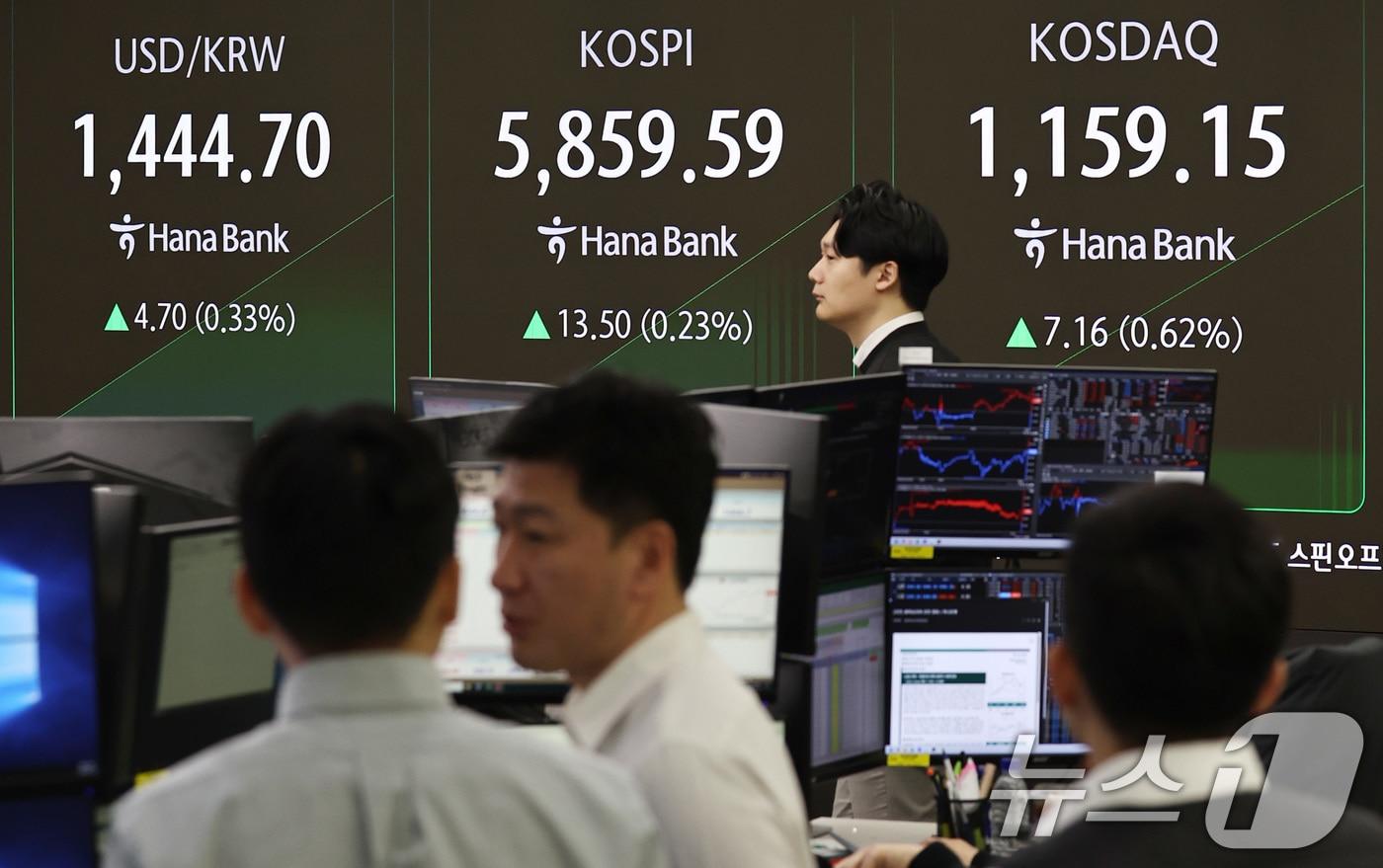 본문 이미지 - 코스피가 상승 출발한 24일 서울 중구 하나은행 본점 딜링룸 전광판에 증시 시황이 표시되고 있다. 2026.2.24 ⓒ 뉴스1 구윤성 기자