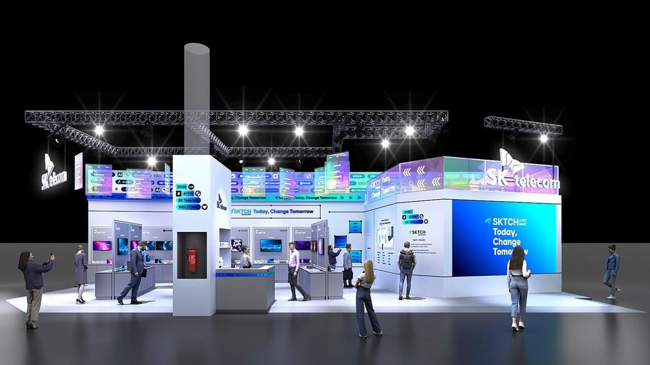 본문 이미지 - 'MWC26'의 부대행사인 '4YFN' 내 'SKT 스타트업 전시관'의 조감도.(SKT 제공)