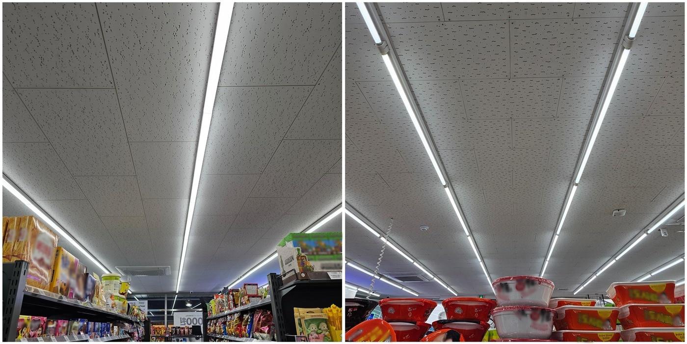 본문 이미지 - GS25 매장에 적용된 대규격 석고텍스 PLUS 천장재(왼쪽)와 기존 적용 천장재(오른쪽) 비교 이미지 (KCC 제공)