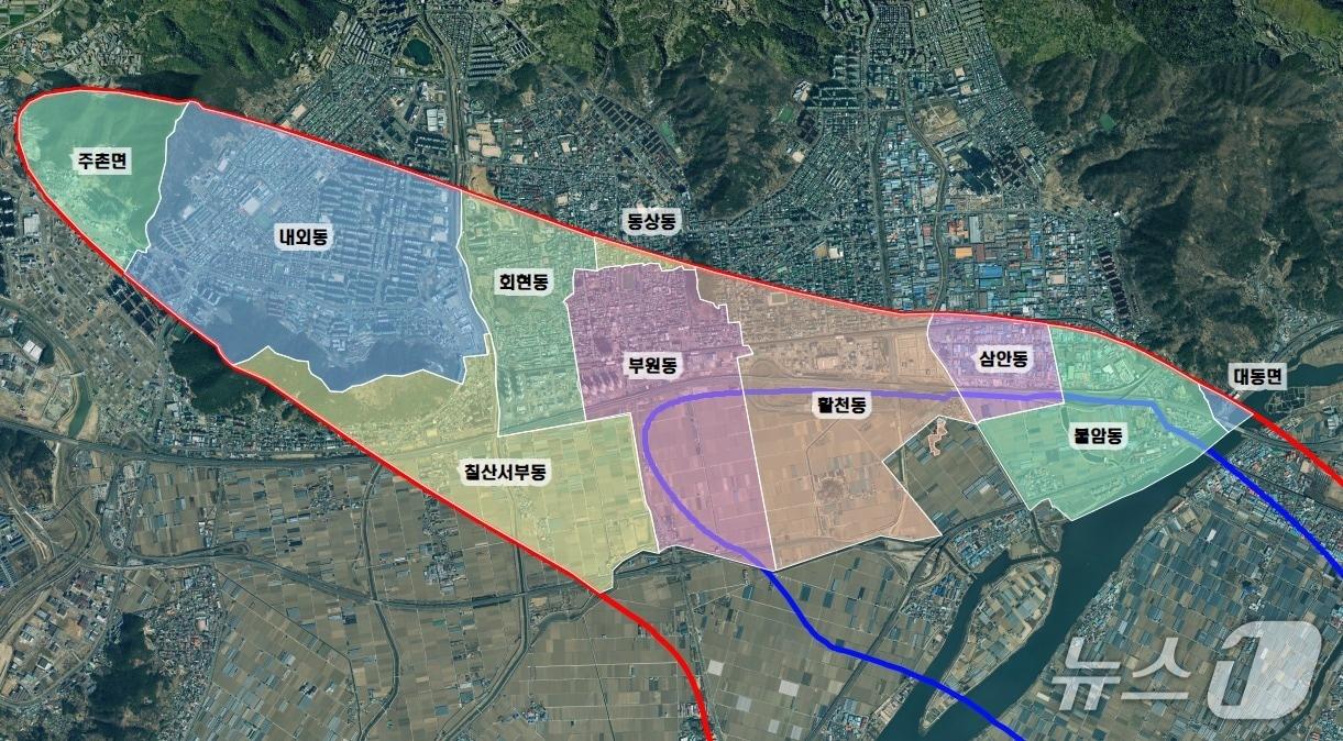 본문 이미지 - 김해공항 소음 피해 대책지역 및 인접지역 소음등고선.(김해시 제공. 재판매 및 DB금지)