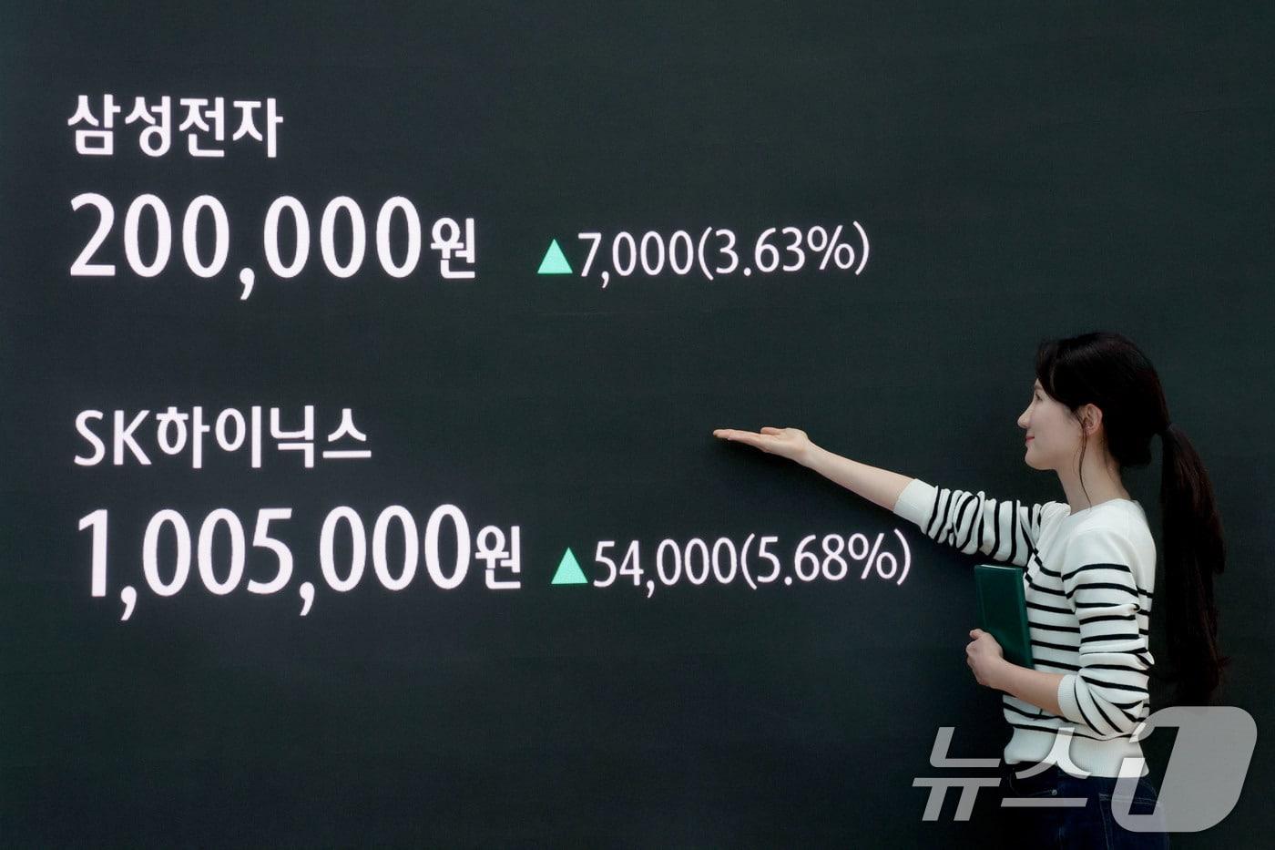 본문 이미지 - 코스피가 사상 최고가를 또다시 경신한 24일 오후 서울 중구 하나은행 본점 딜링룸 현황판에 삼성전자와 SK하이닉스 종가가 게시돼 있다. 이날 코스피지수는 전장대비 123.55포인트(2.11%)상승한 5,969.64로 마감했다. 2026.2.24 ⓒ 뉴스1 이광호 기자