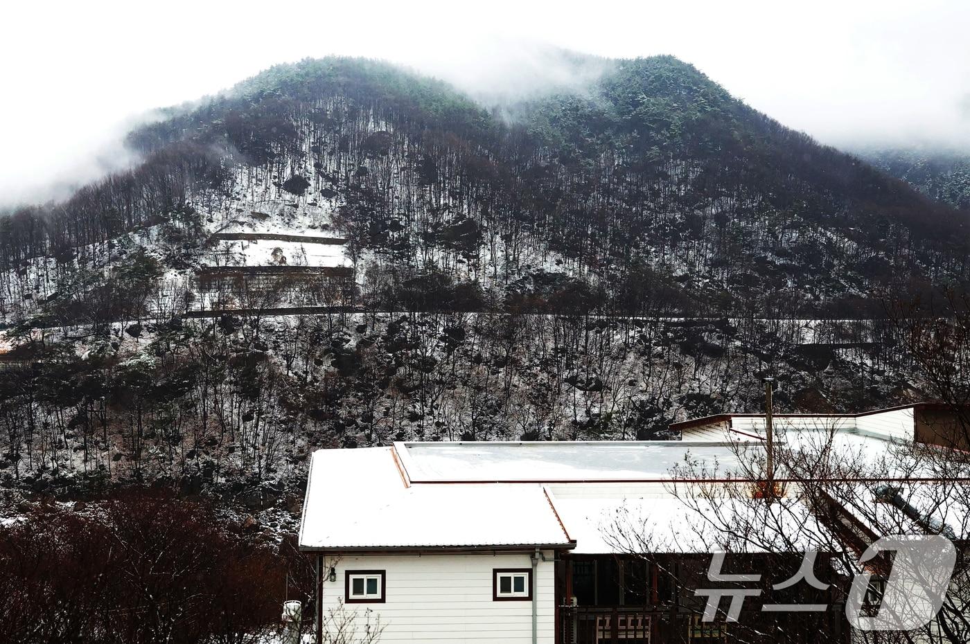 본문 이미지 - 24일 경남 함양군 마천면 일원에서 발생한 산불이 진화가 완료된 가운데 검게 탄 산자락에 눈이 내리고 있다. (함양군 제공. 재판매 및 DB 금지) 2026.2.24 ⓒ 뉴스1