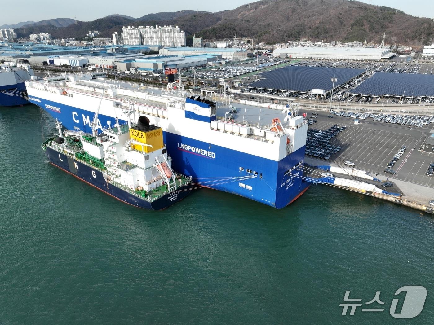 본문 이미지 - 울산항에서 하역 중인 자동차 운반선에 첫 LNG 상업 공급하는 모습.(울산항만공사 제공. 재판매 및 DB금지)/뉴스1