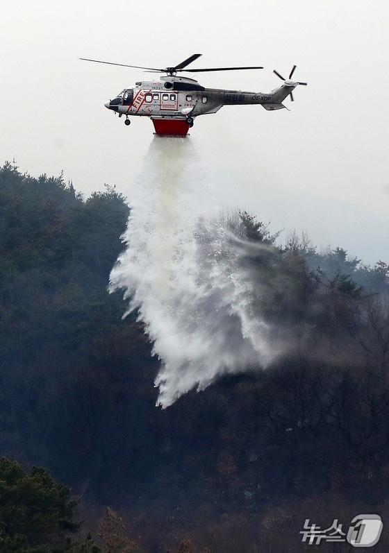 본문 이미지 - 23일 오후 경남 밀양 삼랑진읍 검세리 한 야산에서 발생한 산불이 강풍에 확산되고 있다. 2026.2.23 ⓒ 뉴스1 윤일지 기자