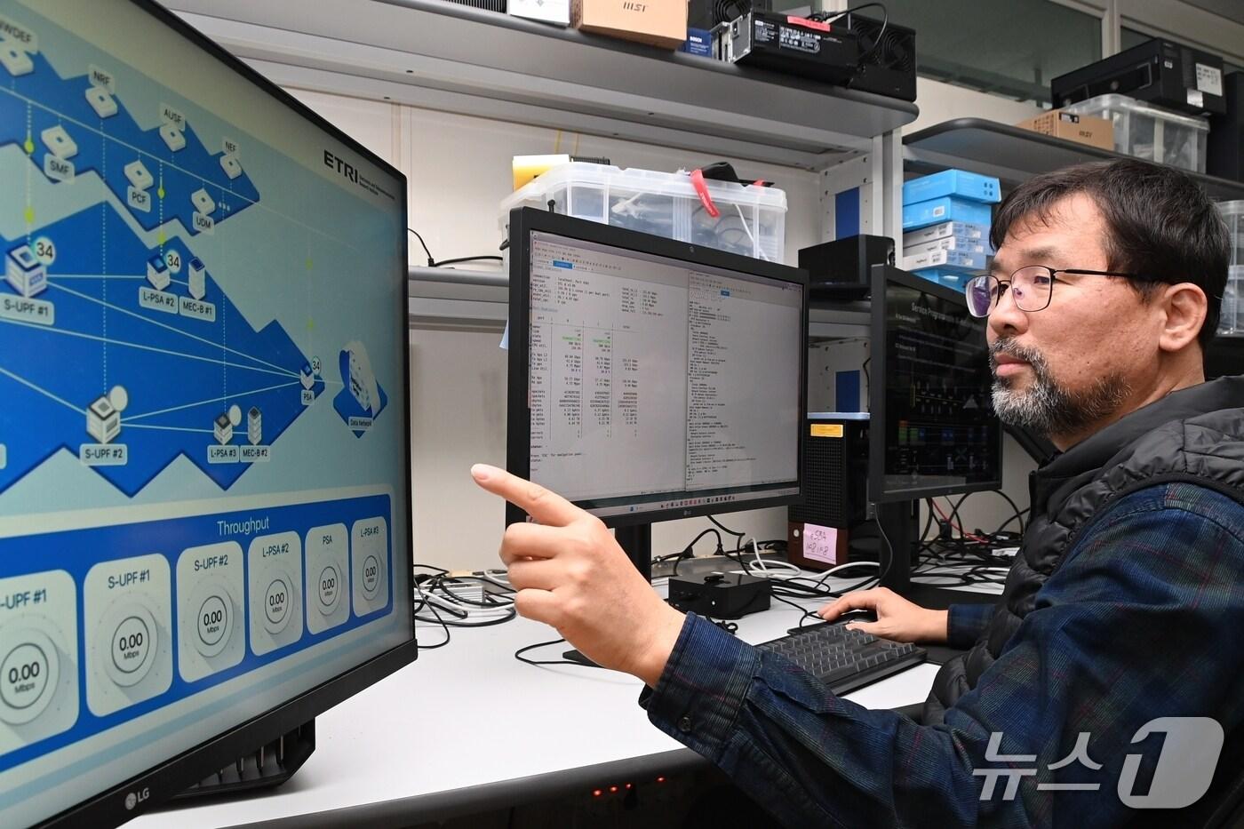 본문 이미지 - ETRI 연구진이 지능형 서비스 프로그래머블 모바일 코어 네트워크 기술에 대해 설명하는 모습 (ETRI 제공)