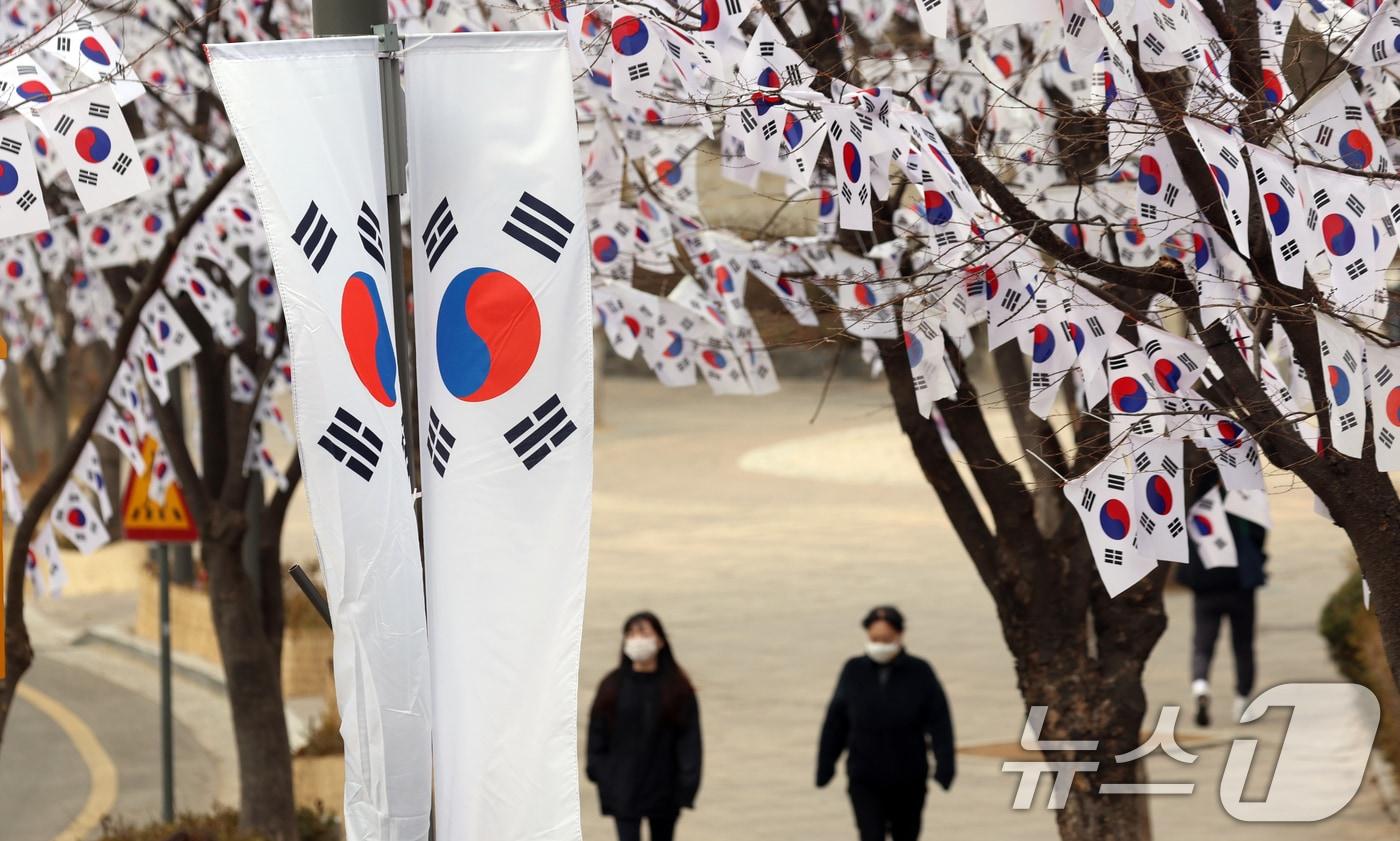 본문 이미지 - 26일 서울 용산구 효창공원 앞 가로수에 3.1절을 앞두고 태극기가 꾸며져 있어 눈길을 끌고 있다. ⓒ 뉴스1 김명섭 기자