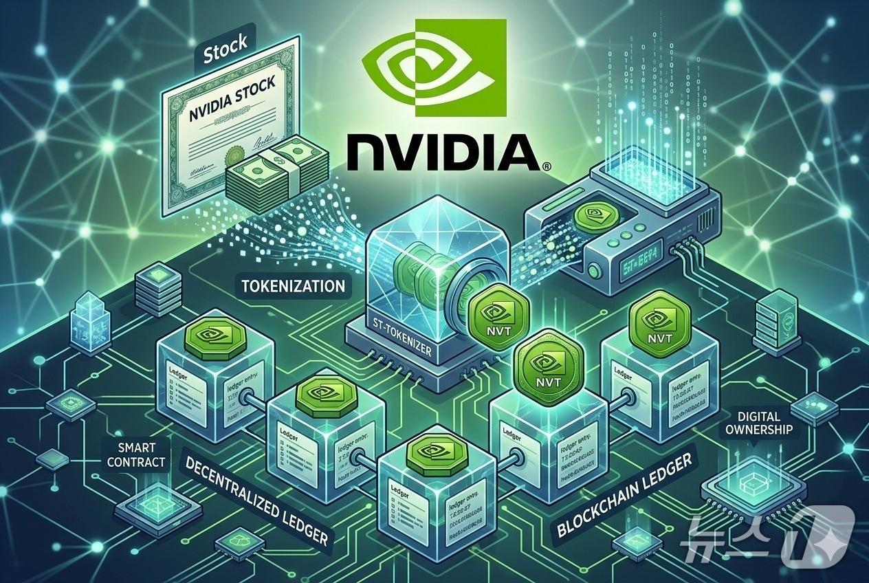 본문 이미지 - 엔비디아 로고를 활용해 구글 제미나이(Gemini)로 제작한 '주식 토큰' 일러스트.