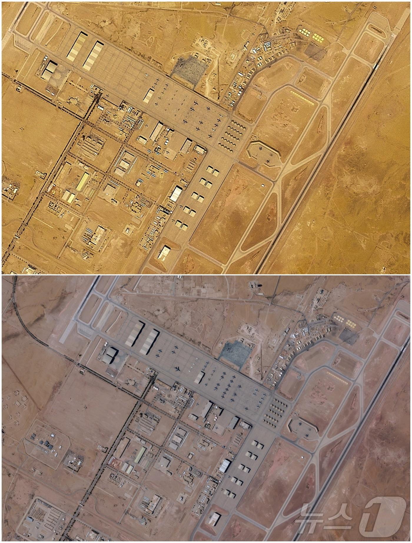 본문 이미지 - 지난 17일(위쪽)과 21일(아래쪽) 촬영된 사우디아라비아 프린스 술탄 공군 기지의 위성사진. 사진은 플래닛랩스 PBC 제공. 2026.02.28 ⓒ 로이터=뉴스1