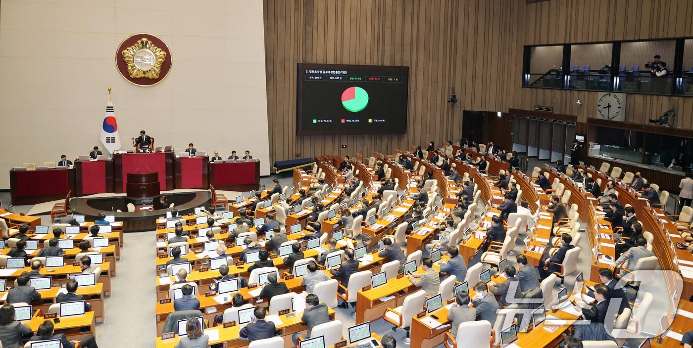 본문 이미지 - 28일 서울 여의도 국회에서 열린 제432회 국회(임시회) 제8차 본회의에서 대법관 증원을 골자로 하는 법원조직법 일부개정법률안(대안)이 찬성 173인, 반대 73인, 기권 1인으로 통과되고 있다. 2026.2.28 ⓒ 뉴스1 이승배 기자
