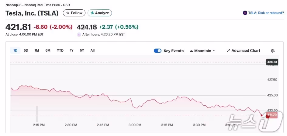 본문 이미지 - 테슬라 일일 주가추이 - 야후 파이낸스 갈무리